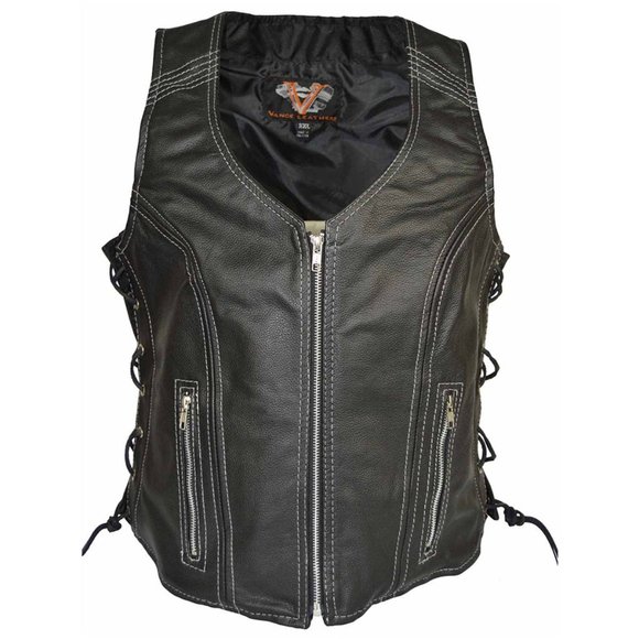 Women's Black Lace Side Zipper Pocket Premium Cowhide Leather Biker Vest - Picture 10 of 13